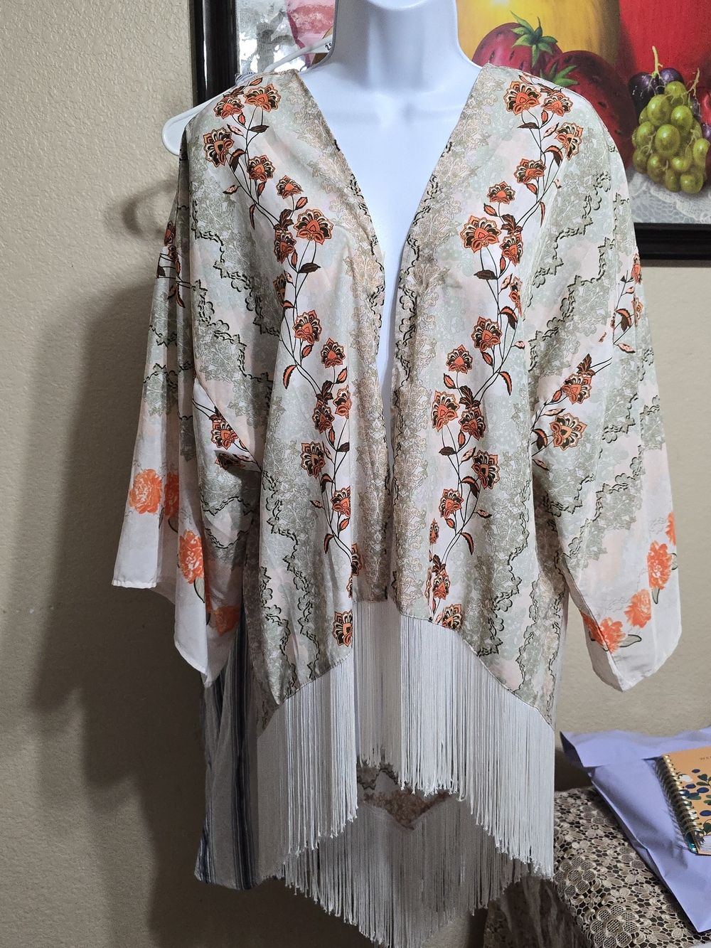 Floral Fringe Kimono Tunic - Cream with Orange Floral
